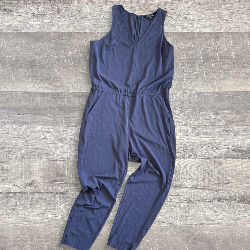 Athleta Brooklyn Sleeveless Textured Jumpsuit Womens 16 V Neck Pockets Blue Gray